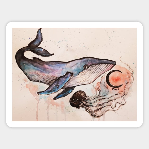 Whale and jelly in the light of the moon Magnet by StephaniePerryArt